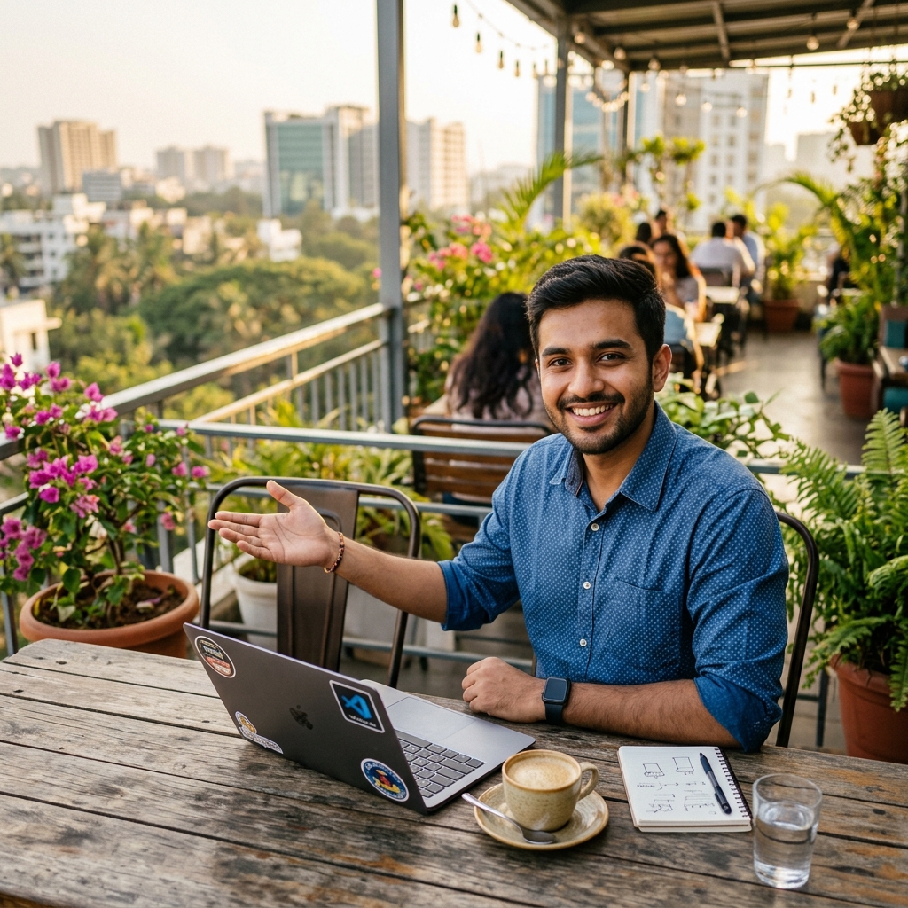Happy colleague at cafe balcony inviting for coffee