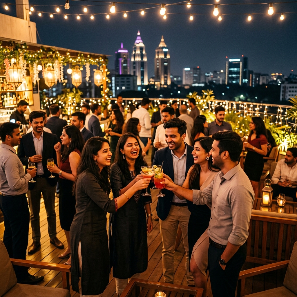 Founders clinking glasses under string lights at rooftop mixer